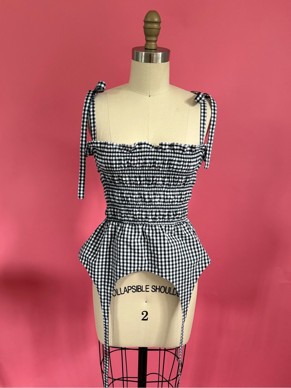 Sandy Liang Seal Top Gingham Garter Ruched Tie Tank Coquette Cottagecore Size 6 - Picture 3 of 15